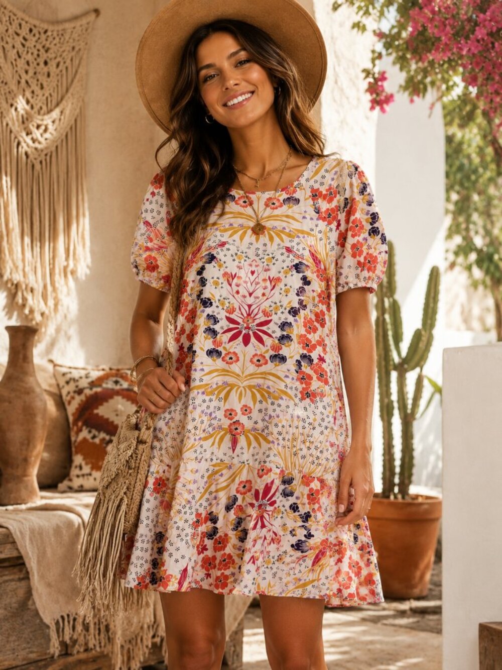 Floral Puff Sleeve Boho Mini Dress Size Medium Cottagecore Festival Chic